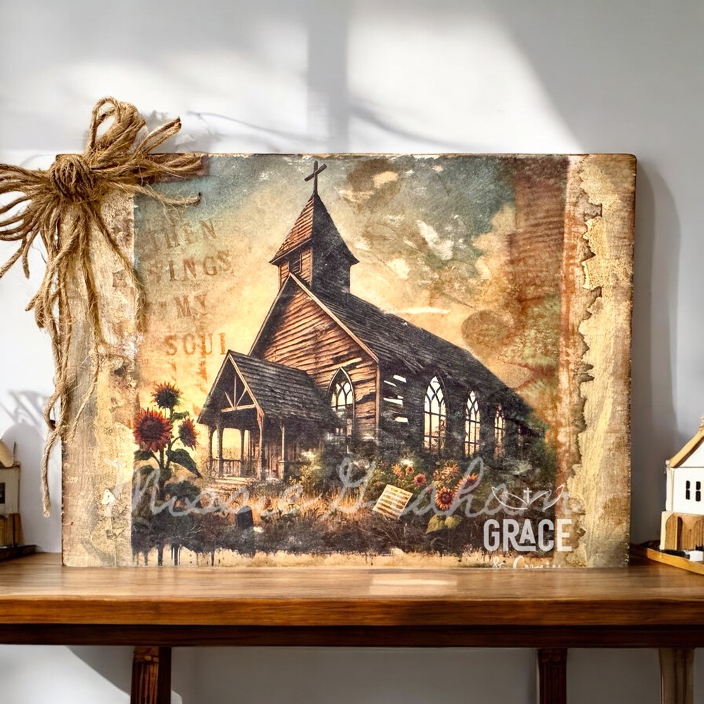Church on wood block.